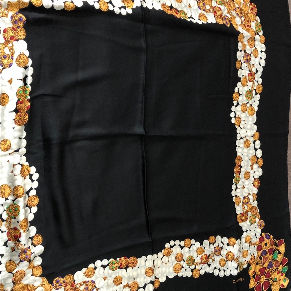 CHANEL Black Silk Scarf with Gold and Jewel Motif - Picture 2 of 4